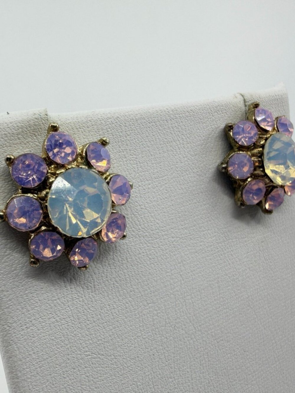 Purple Crystal Flower Stud Earrings Statement Gold Tone Bridal Party Jewelry - Picture 4 of 10